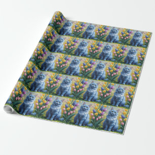 Russische Blauwe Kat Lente Bloemen Schilderen Cadeaupapier