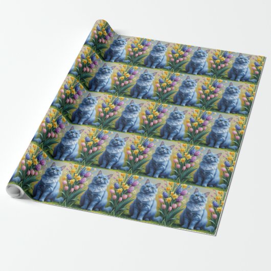 Russische Blauwe Kat Lente Bloemen Schilderen Cadeaupapier (Uitgerold)