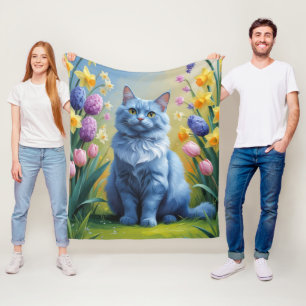 Russische Blauwe Kat Lente Bloemen Schilderen Fleece Deken