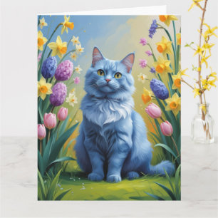 Russische Blauwe Kat Lente Bloemen Schilderen Kaart