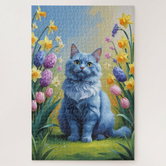 Russische Blauwe Kat Lente Bloemen Schilderen Legpuzzel (Verticaal)