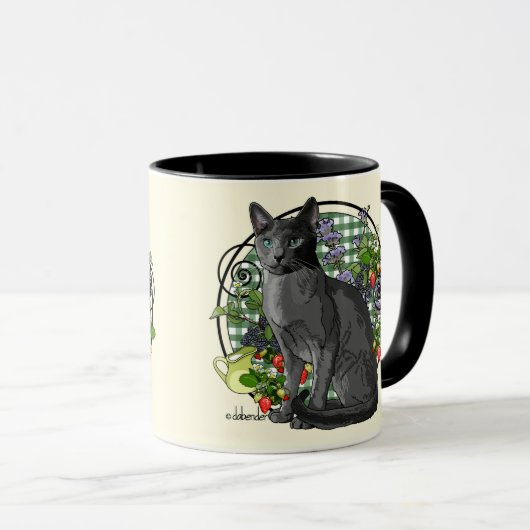 Russische blauwe kat met Bergen Mok (Voorkant rechts)