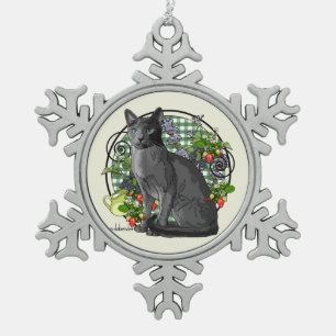 Russische blauwe kat met Bergen Tin Sneeuwvlok Ornament