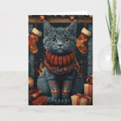 Russische blauwe kat met kerstcadeaus open haard kaart (Voorkant)