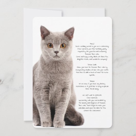 Russische Blauwe Kat Verjaardag Bash Uitnodiging (Achterkant)
