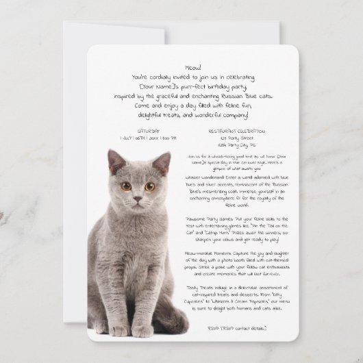 Russische Blauwe Kat Verjaardag Bash Uitnodiging (Voorkant)