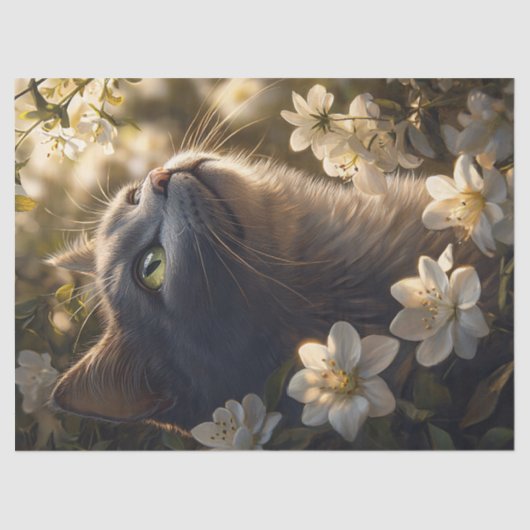 Russische Blauwe Kat Witte Bloemen Decoupage Tissuepapier (Voorkant)