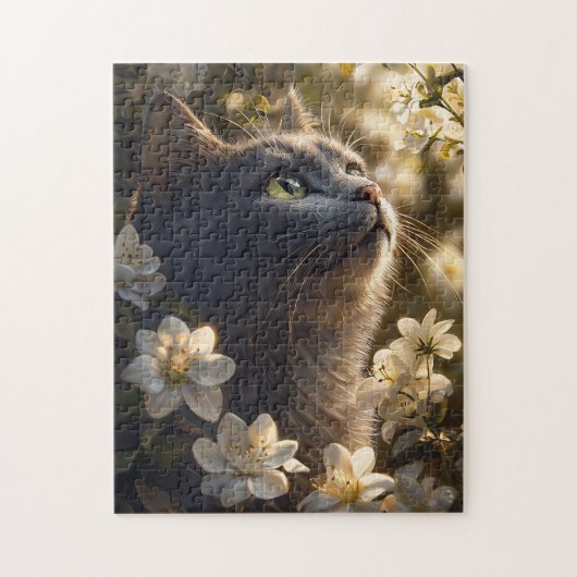 Russische blauwe kat witte bloemen legpuzzel (Verticaal)