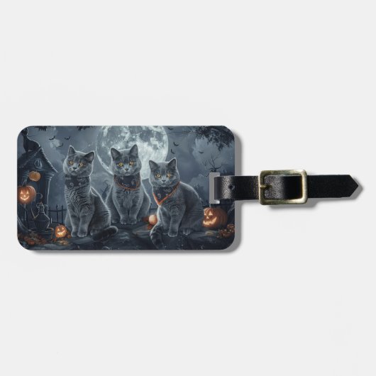 Russische Blauwe Katten Halloween Spooky Bagagelabel (Voorkant horizontaal)