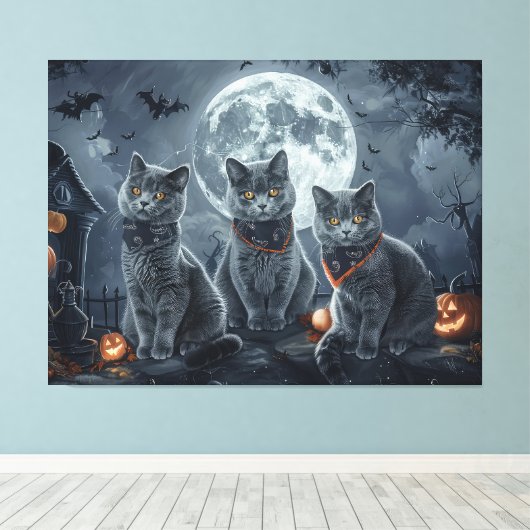 Russische Blauwe Katten Halloween Spooky Canvas Afdruk (Insitu (Houten vloer))