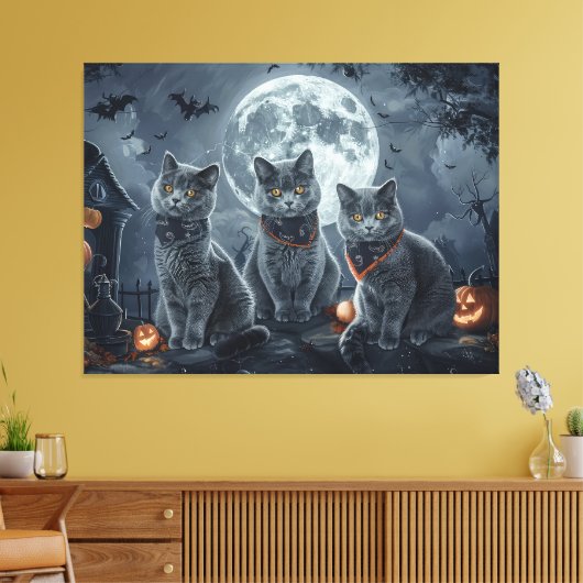 Russische Blauwe Katten Halloween Spooky Canvas Afdruk (Insitu (Woonkamer))