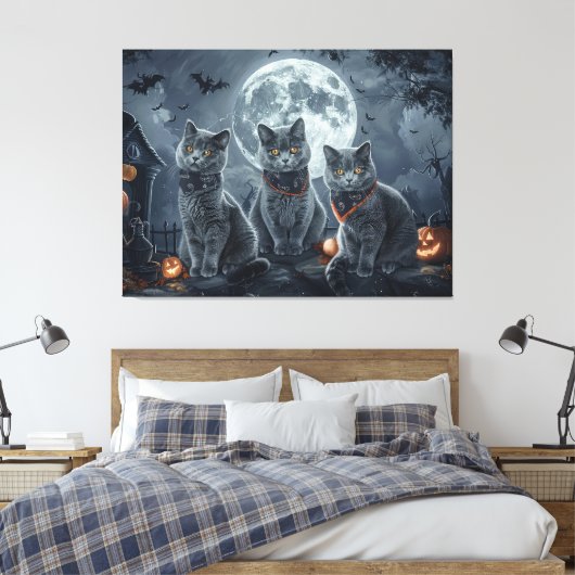 Russische Blauwe Katten Halloween Spooky Canvas Afdruk (Insitu (Slaapkamer))