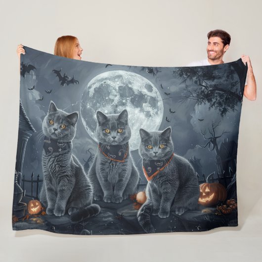 Russische Blauwe Katten Halloween Spooky Fleece Deken (In situ)