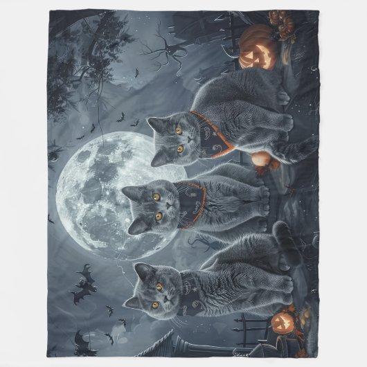 Russische Blauwe Katten Halloween Spooky Fleece Deken (Voorkant)