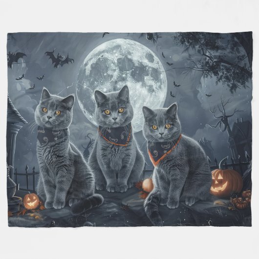 Russische Blauwe Katten Halloween Spooky Fleece Deken (Voorkant (Horizontaal))