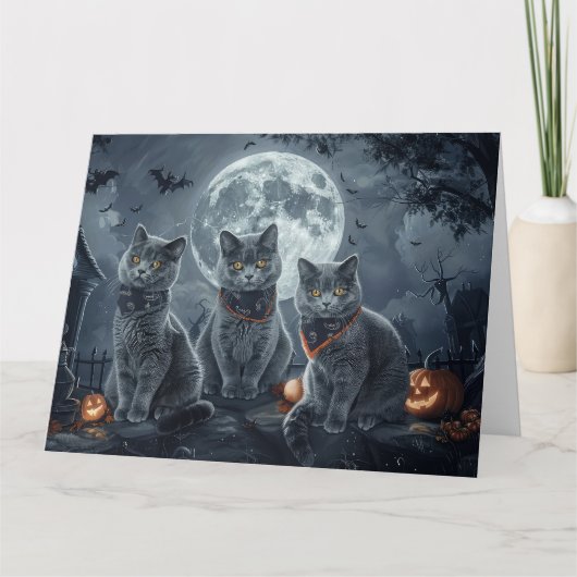Russische Blauwe Katten Halloween Spooky Kaart (Voorkant)