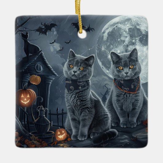 Russische Blauwe Katten Halloween Spooky Keramisch Ornament (Voorkant)