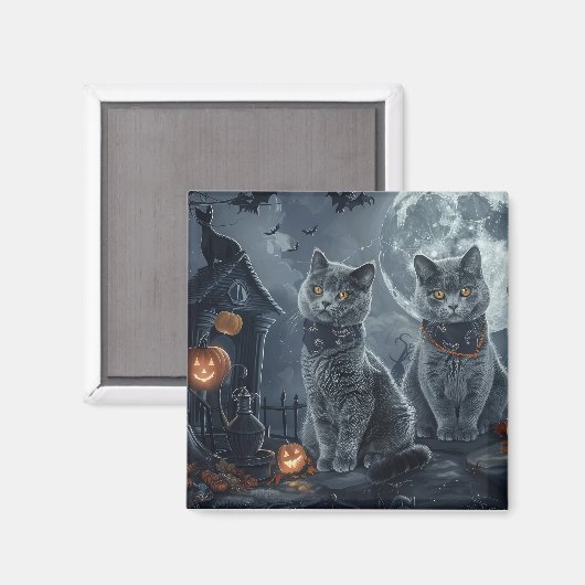 Russische Blauwe Katten Halloween Spooky Magneet (Voorkant / Achterkant)