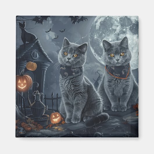 Russische Blauwe Katten Halloween Spooky Magneet (Voorkant)