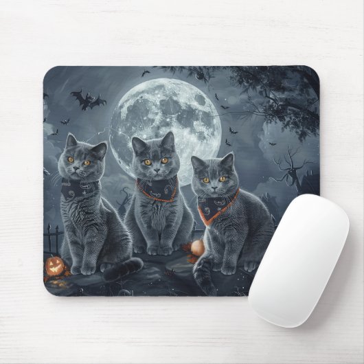Russische Blauwe Katten Halloween Spooky Muismat (Met muis)