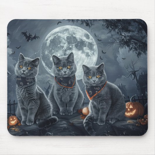 Russische Blauwe Katten Halloween Spooky Muismat (Voorkant)