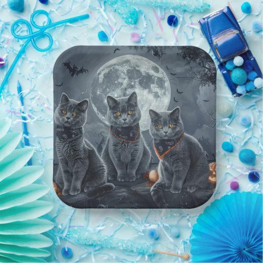 Russische Blauwe Katten Halloween Spooky Papieren Bordje (Feest)