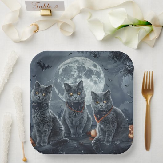 Russische Blauwe Katten Halloween Spooky Papieren Bordje (Huwelijk)