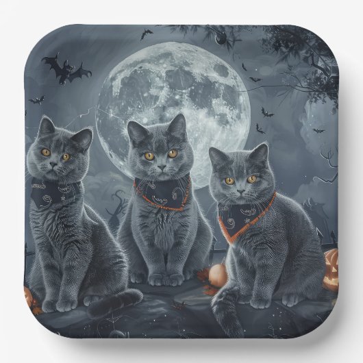 Russische Blauwe Katten Halloween Spooky Papieren Bordje (Voorkant)