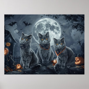 Russische Blauwe Katten Halloween Spooky Poster