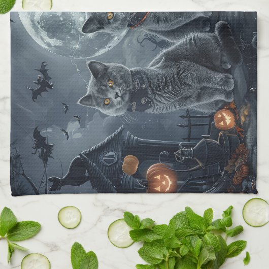 Russische Blauwe Katten Halloween Spooky Theedoek (Gevouwen)