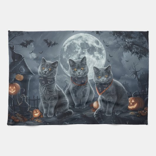 Russische Blauwe Katten Halloween Spooky Theedoek (Horizontaal)
