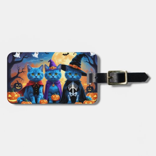 Russische blauwe katten pompoen Halloween grappig Bagagelabel (Voorkant horizontaal)