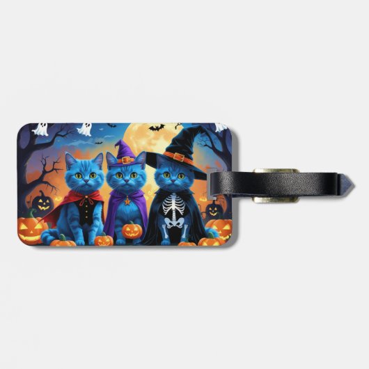 Russische blauwe katten pompoen Halloween grappig Bagagelabel (Achterkant horizontaal)