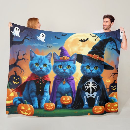 Russische blauwe katten pompoen Halloween grappig Fleece Deken (In situ)