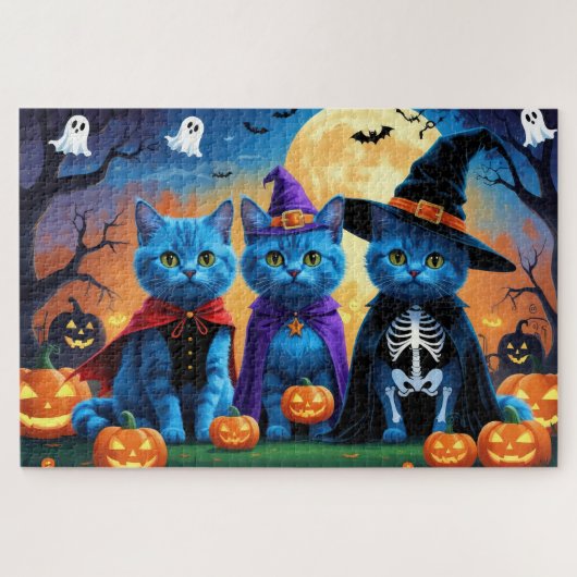 Russische blauwe katten pompoen Halloween grappig Legpuzzel (Horizontaal)