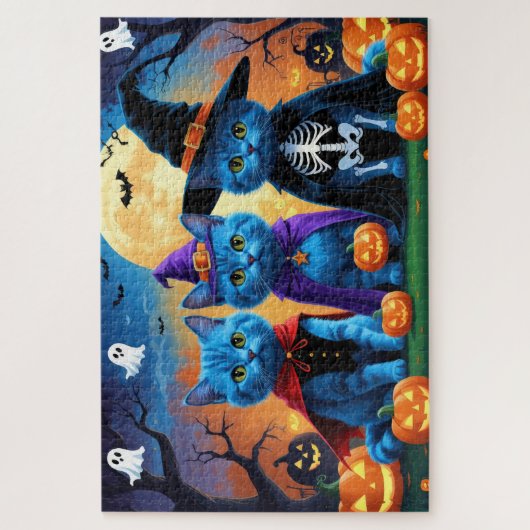 Russische blauwe katten pompoen Halloween grappig Legpuzzel (Verticaal)