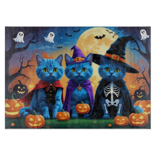 Russische blauwe katten pompoen Halloween grappig Snijplank (Voorkant)