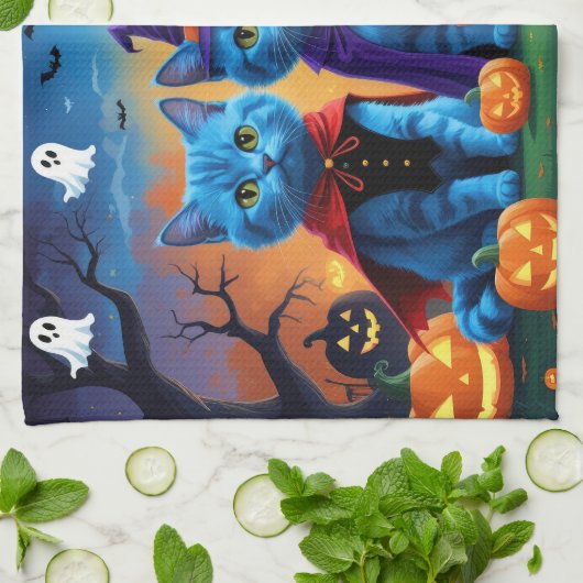 Russische blauwe katten pompoen Halloween grappig Theedoek (Gevouwen)