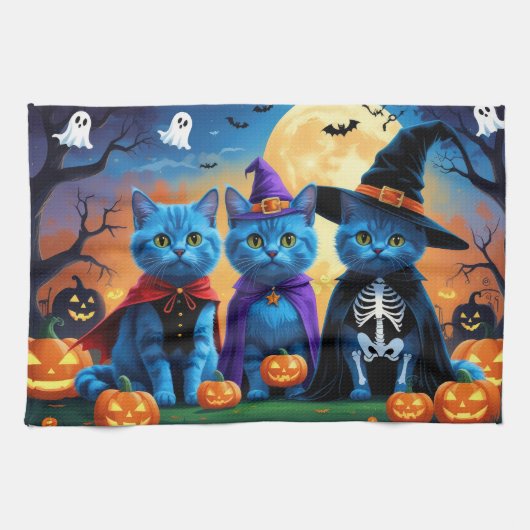 Russische blauwe katten pompoen Halloween grappig Theedoek (Horizontaal)