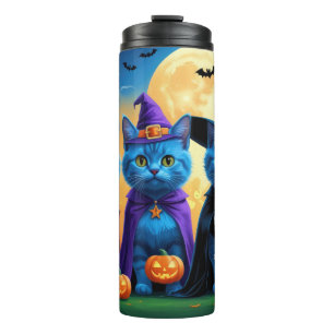 Russische blauwe katten pompoen Halloween grappig Thermosbeker