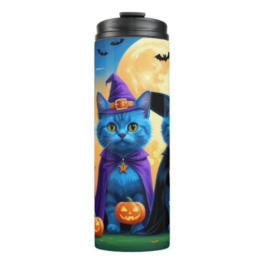 Russische blauwe katten pompoen Halloween grappig Thermosbeker (Voorkant)