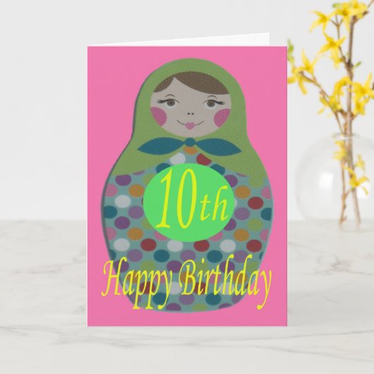 Russische Doll Gelukkige 10e Verjaardag Kaart (Gele Bloem)