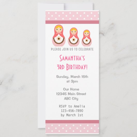 Russische Dolls Birthday Invitation Pink Polka Dot Kaart (Voorkant)