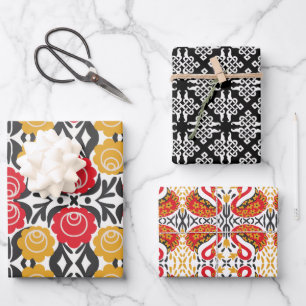Russische Folk zwarte rode bloemen en geometrische Inpakpapier Vel