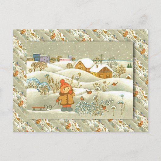  russische kerst, meisje met een slee feestdagenkaart (Voorkant)