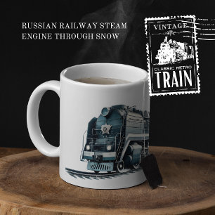 Russische spoorwegstoommachine door sneeuw tweekleurige koffiemok