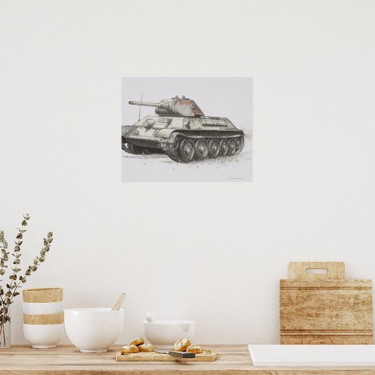 Russische T-34 legertank, zijdelings uitzicht. Poster (Keuken)