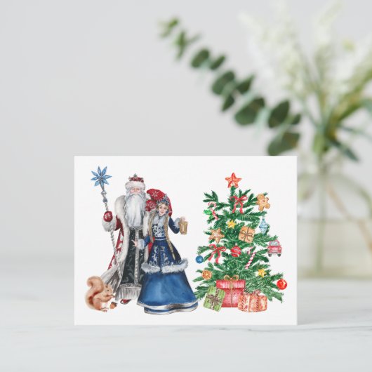 Russische vader Frost en Snegurochka Kerstmis Feestdagenkaart (Staand voorkant)