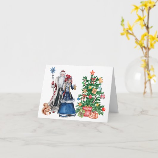Russische vader Frost en Snegurochka Kerstmis Kaart (Gele Bloem)