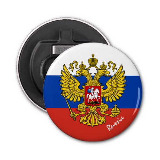 Russische vlag, Emblem en Russische partij drinken Button Flesopener (Voorkant)